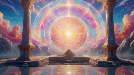 Fantasy scene with portal and cosmic energy of different colors