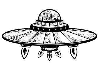 Cartoon cat fly on UFO flying saucer spaceship sketch engraving PNG illustration. T-shirt apparel print design. Scratch board imitation. Black and white hand drawn image.