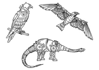 Mechanical animal set eagle dinosaur hawk bird sketch engraving PNG illustration. T-shirt apparel print design. Scratch board imitation. Black and white hand drawn image.