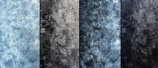 Four grunge concrete wall textures in blue and black, showing different shades and paint effects, perfect for backgrounds