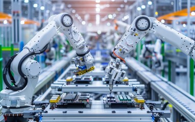 Robotic arms assembling electronic components in a high-tech factory: a snapshot of electronic production efficiency.