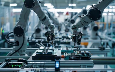 Robotic arms assembling electronic components in a high-tech factory: a snapshot of electronic production efficiency.