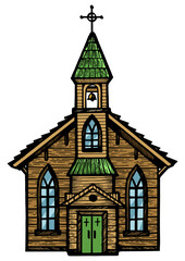 Old wooden church chapel color sketch engraving PNG illustration. Scratch board style imitation. Hand drawn image.