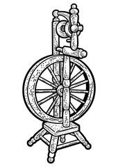 Spinning wheel sketch engraving PNG illustration. T-shirt apparel print design. Scratch board imitation. Black and white hand drawn image.