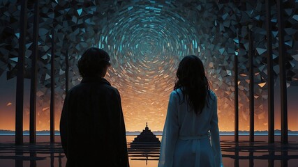 Fantasy scene with a silhouette of a couple contemplating cosmic starry sky