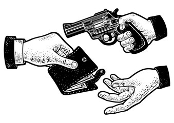 robbery with a gun sketch engraving PNG illustration. T-shirt apparel print design. Scratch board imitation. Black and white hand drawn image. © Oleksandr Pokusai