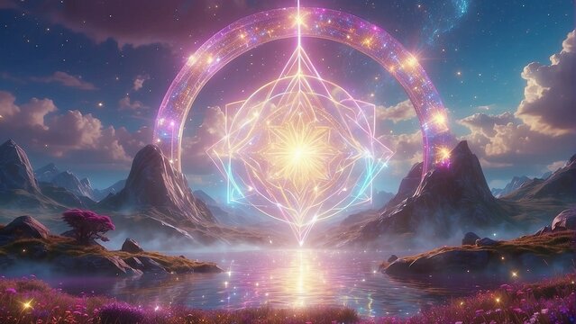 Amazing fantasy landscape with colorful shining portal with sacred symbols, surrounded by mounatins and river