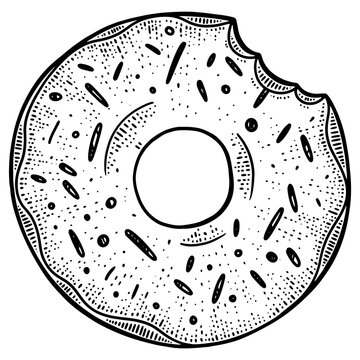 recommend clip art: bitten donut sketch engraving PNG illustration. T-shirt apparel print design. Scratch board imitation. Black and white hand drawn image.