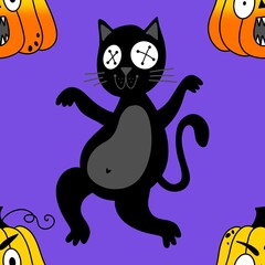 Halloween animals seamless cats and pumpkins pattern for wrapping paper