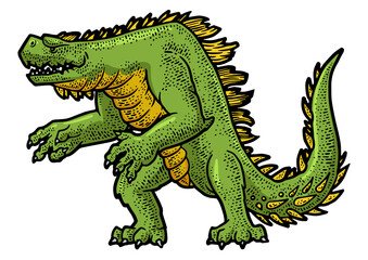Cartoon dinosaur monster animal color sketch engraving PNG illustration. T-shirt apparel print design. Scratch board imitation. Black and white hand drawn image.