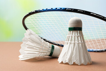 Feather badminton shuttlecocks and racket on court, closeup