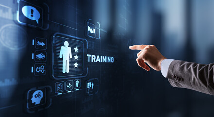 Training concept. Businessman pressing on touch screen interface inscription