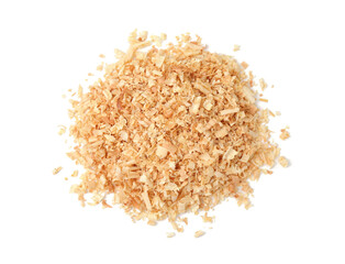Pile of natural sawdust isolated on white, top view