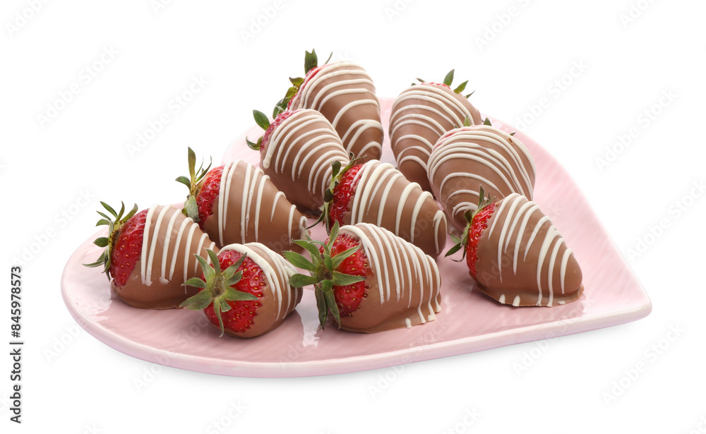 Wall mural heart shaped plate with delicious chocolate covered strawberries isolated on white