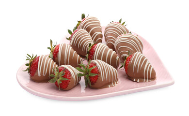 Heart shaped plate with delicious chocolate covered strawberries isolated on white