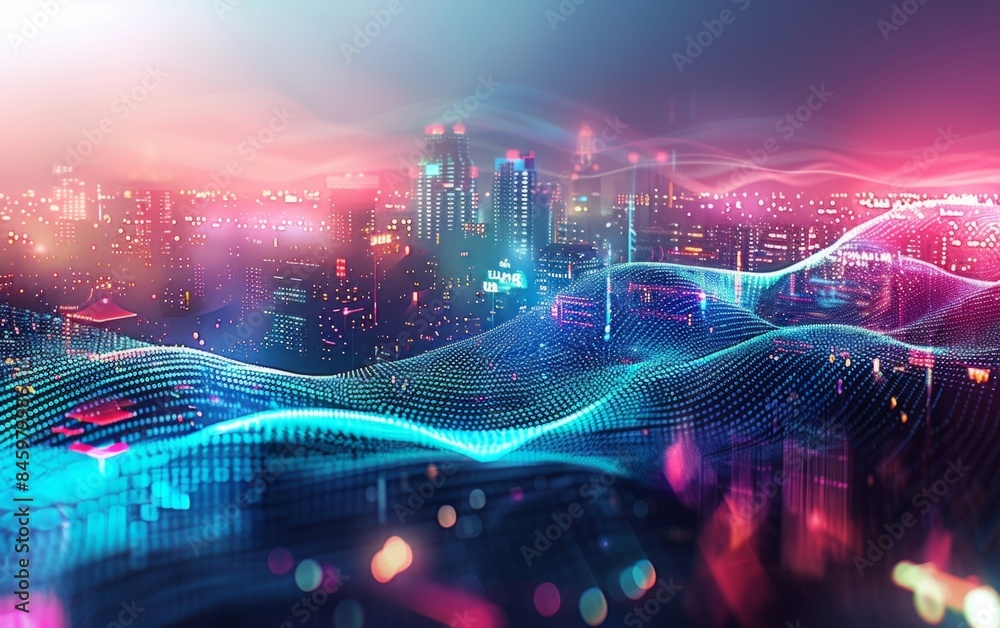 Wall mural Vibrant neon-lit digital waves flow over a futuristic cityscape in a three-dimensional rendering. Abstract technology background illustration.