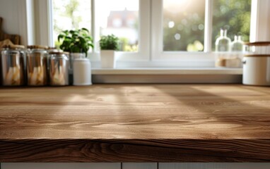 A wooden table with a kitchen window and containers blurred in the background. Perfect for stock photography featuring a wooden table.