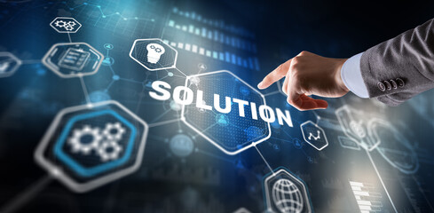 Man clicks on the inscription Solution concept