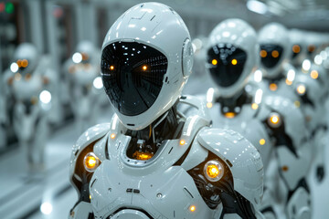 Fototapeta premium A group of robots are lined up in a factory