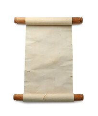 Scroll of old parchment paper with wooden handles isolated on white, top view