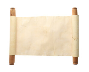 Scroll of old parchment paper with wooden handles isolated on white, top view