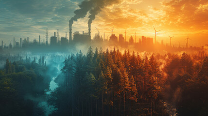 Two landscapes side by side, one landscape with dense forests, rivers, wildlife, windturbines and...