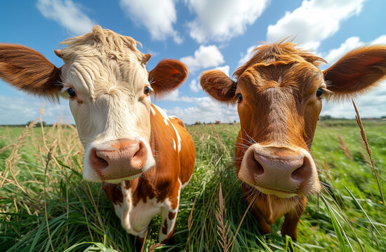 Two cows standing in a field with one of them looking at the camera
