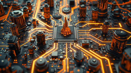 Fototapeta premium a beautiful a very tech circuit board with a futuristic microchip in the center that looks like city with buldings.generative ai