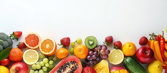 Fresh and Vibrant Variety of Fruits and Vegetables on White Background with Copy Space