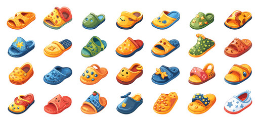 Fototapeta premium Cartoon Slippers for Kids Icon Set White Background. Very Simple Cartoon Style Childrens Footwear Shoes Comfort Cozy Indoor Outdoor Fashion Illustration
