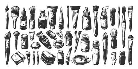 Obraz premium Doodle Style Art Supplies Icons Set. Hand Drawn Simple Style Black Icons on White Background. Sketching Drawing Painting Brushes Palette Paper Crayons Watercolor Ink Illustration