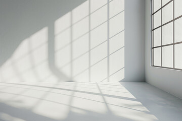 Sunlight streaming through large windows casting shadows on white walls, minimal interior concept