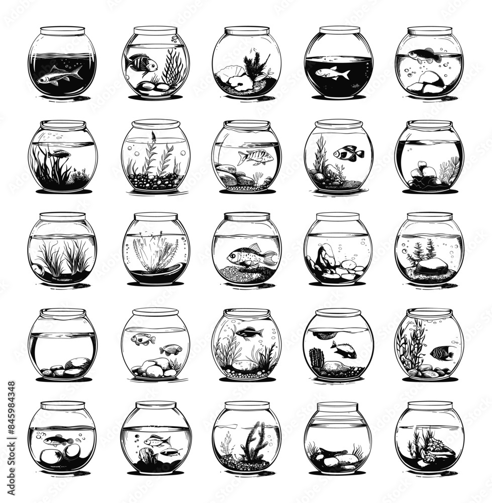 Wall mural engraving style different aquariums icons set. hand drawn in a simple style black icons on a white b