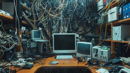 A cluttered desk with a computer, monitor, and various other electronics, all connected by a tangled web of wires.