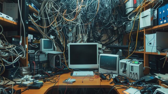 A cluttered desk with a computer, monitor, and various other electronics, all connected by a tangled web of wires.