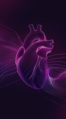 Digital illustration of human heart with neon lines, futuristic anatomy concept
