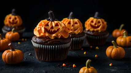 Delicious chocolate cupcakes topped with orange pumpkin-shaped icing amid mini pumpkins and candy