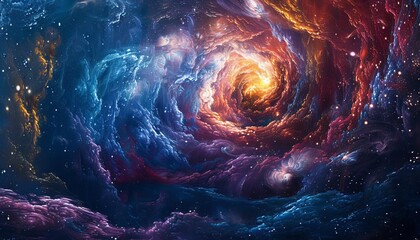 Cosmic vortex with swirling stars, deep space, vibrant hues, digital art