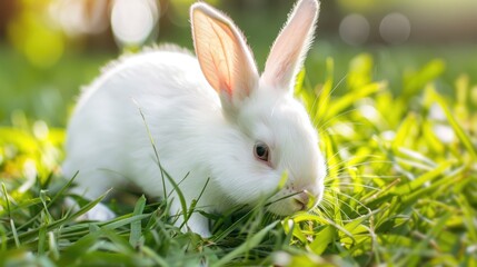 A white adorable bunny is nibbling on fresh green grass