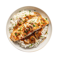 A Plate of Fish over White Rice with a Wine Mushroom Sauce Isolated on a Transparent Background 