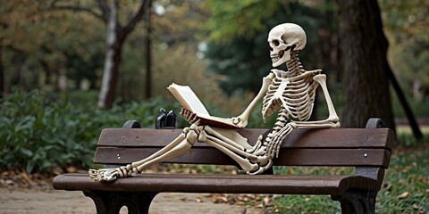 skeleton woman with hair and in skirt sits gracefully on a park bench, absorbed in a book, her bony fingers delicately turning each page, as if lost in the timeless allure of literature's embrace