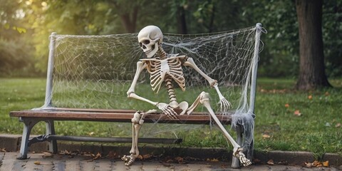 In the park, a skeleton man in trousers sits on a bench, patiently waiting for the perfect woman, his bony fingers crossed for fate to bring love's embrace