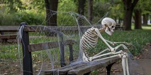 In the park, a skeleton man in trousers sits on a bench, patiently waiting for the perfect woman, his bony fingers crossed for fate to bring love's embrace