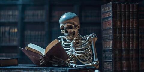 seamless background featuring a skeleton engrossed in a book within a dimly lit library. Cinematic lighting highlights the intricate bone structure and dusty tomes, creating an eerie, yet captivating 