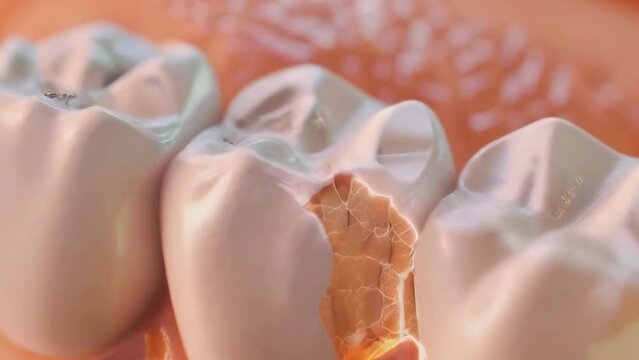 Detailed close-up image of a cracked tooth with visible cavities. Healthy gums are in the background. The image highlights dental health issues and the importance of oral care.