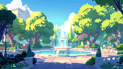 Cartoon Landscape of City Square with Luxurious Fountain. Game Style Illustration Urban Park Scene Elegant Water Feature Public Plaza Cityscape Architecture Clipart