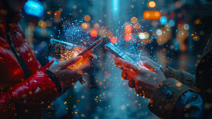 two people sending money to each other with their cellphones, digital elements,generative ai