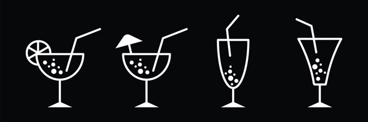Set of outlined Minimal summer alcohol cocktail in glass icon collection with black background. cocktails thin line icons collection. Vector Illustration.