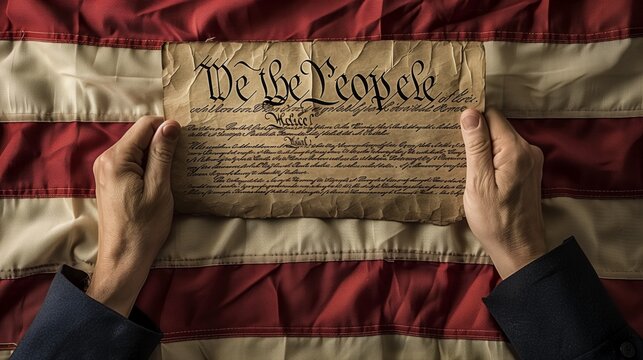 A hand holds the original text of the US Constitution over an American flag