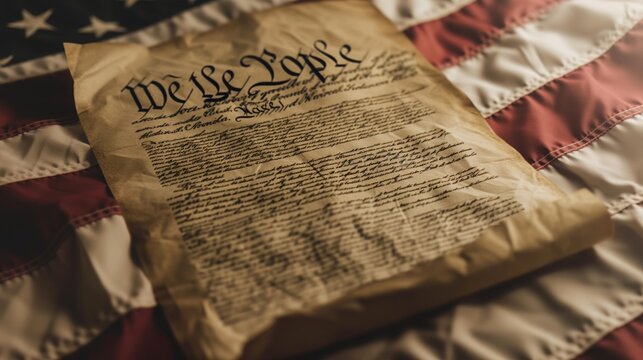 A close-up view of the original text of the US Constitution lying on an American flag